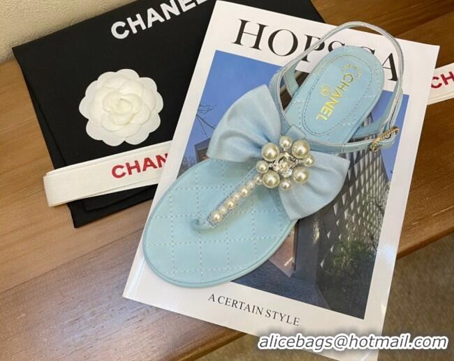 Perfect Chanel Lambskin Flat Thong Sandals with Pearl Bow 060912 Blue 2021