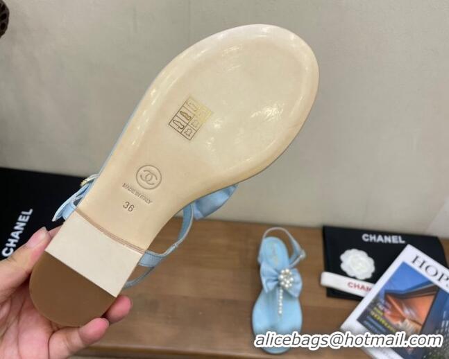 Perfect Chanel Lambskin Flat Thong Sandals with Pearl Bow 060912 Blue 2021