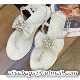 Popular Chanel Lambskin Flat Thong Sandals with Pearl Bow 060915 White 2021