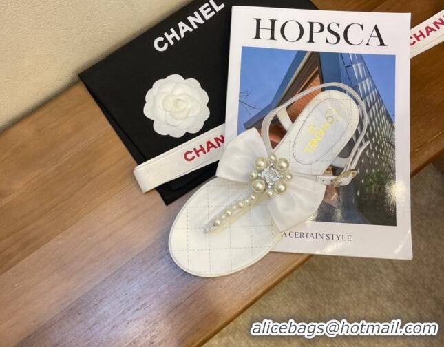 Popular Chanel Lambskin Flat Thong Sandals with Pearl Bow 060915 White 2021