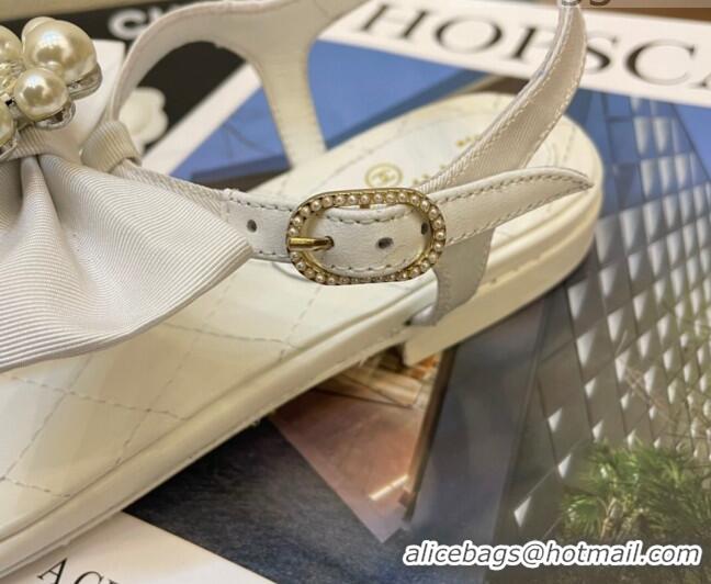 Popular Chanel Lambskin Flat Thong Sandals with Pearl Bow 060915 White 2021