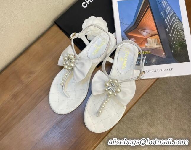 Popular Chanel Lambskin Flat Thong Sandals with Pearl Bow 060915 White 2021