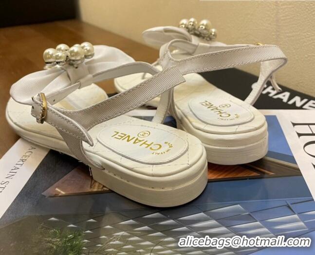 Popular Chanel Lambskin Flat Thong Sandals with Pearl Bow 060915 White 2021