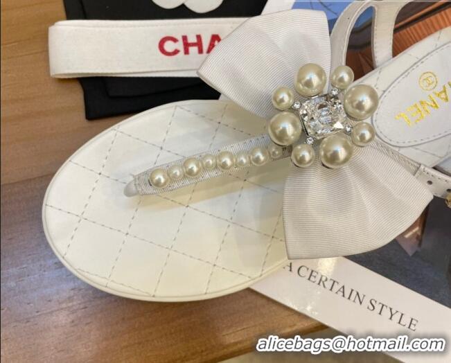 Popular Chanel Lambskin Flat Thong Sandals with Pearl Bow 060915 White 2021