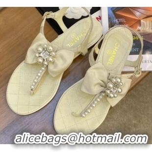 Low Price Chanel Lambskin Flat Thong Sandals with Pearl Bow 060915 Apricot 2021