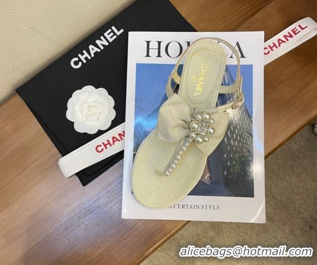 Low Price Chanel Lambskin Flat Thong Sandals with Pearl Bow 060915 Apricot 2021