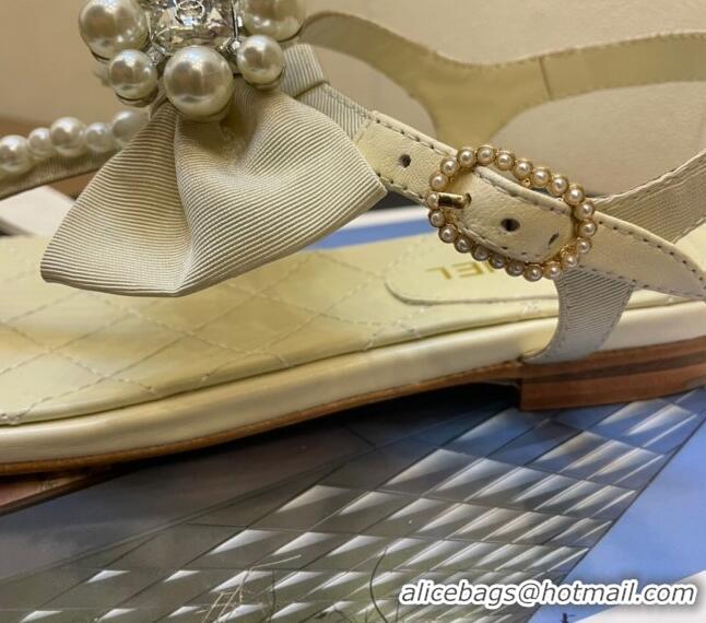 Low Price Chanel Lambskin Flat Thong Sandals with Pearl Bow 060915 Apricot 2021