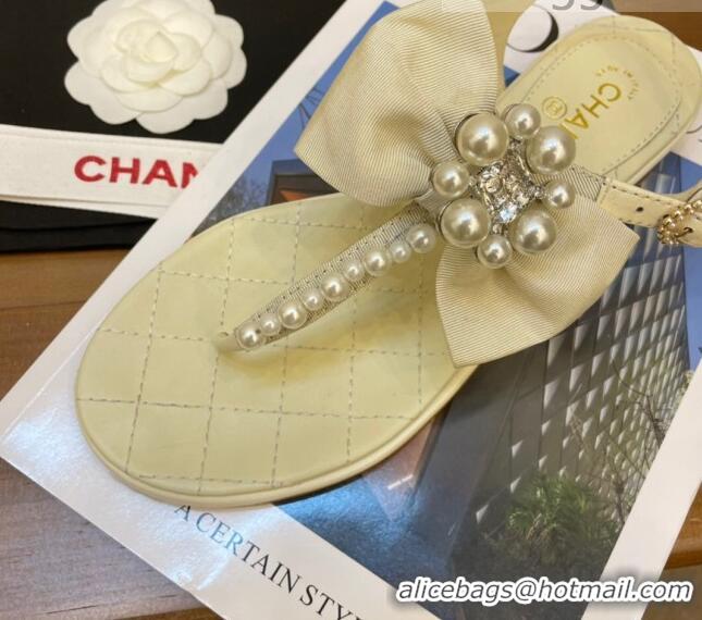 Low Price Chanel Lambskin Flat Thong Sandals with Pearl Bow 060915 Apricot 2021