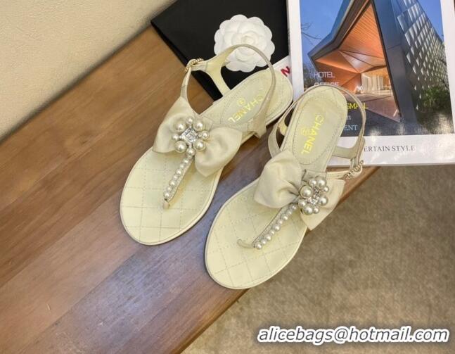 Low Price Chanel Lambskin Flat Thong Sandals with Pearl Bow 060915 Apricot 2021