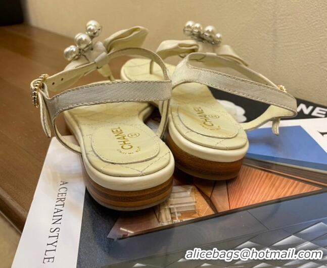 Low Price Chanel Lambskin Flat Thong Sandals with Pearl Bow 060915 Apricot 2021