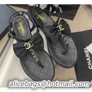 Best Luxury Chanel Lambskin Flat Thong Sandals with Chain Bow 060917 Black/Gold 2021