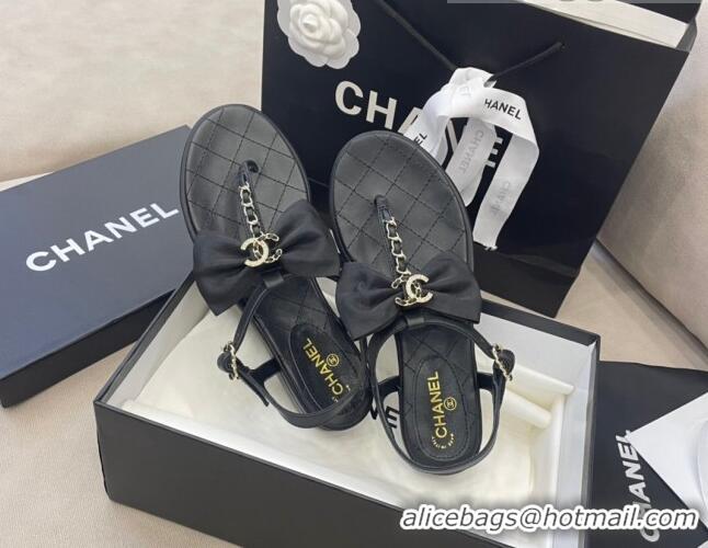 Best Luxury Chanel Lambskin Flat Thong Sandals with Chain Bow 060917 Black/Gold 2021