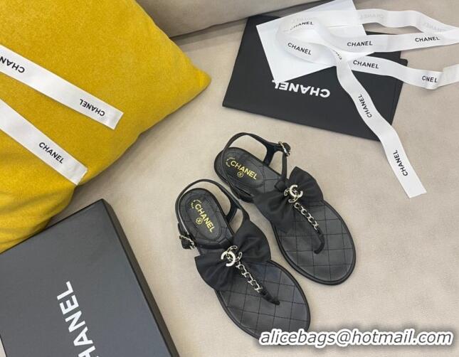 Best Luxury Chanel Lambskin Flat Thong Sandals with Chain Bow 060917 Black/Gold 2021