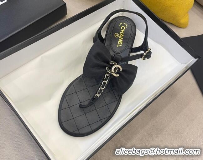 Best Luxury Chanel Lambskin Flat Thong Sandals with Chain Bow 060917 Black/Gold 2021