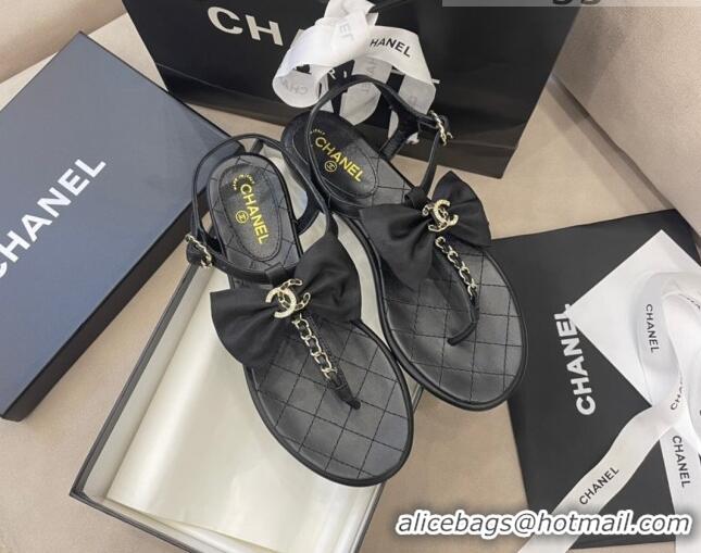 Best Luxury Chanel Lambskin Flat Thong Sandals with Chain Bow 060917 Black/Gold 2021