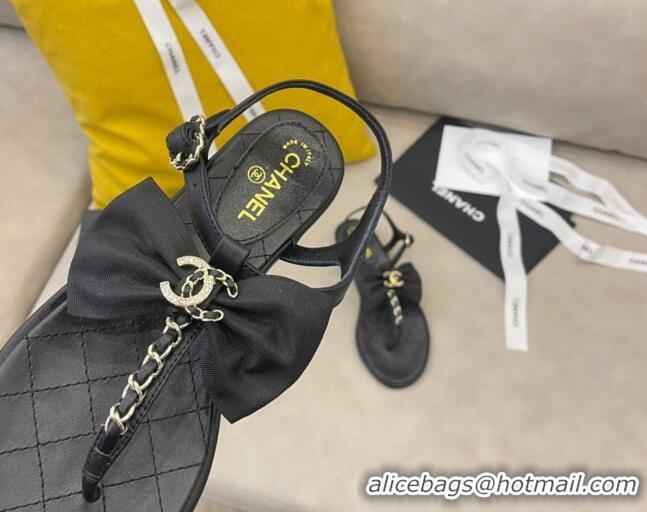 Best Luxury Chanel Lambskin Flat Thong Sandals with Chain Bow 060917 Black/Gold 2021