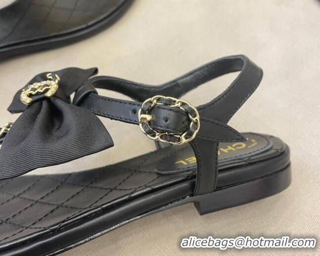 Best Luxury Chanel Lambskin Flat Thong Sandals with Chain Bow 060917 Black/Gold 2021