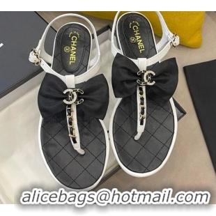 Good Quality Chanel Lambskin Flat Thong Sandals with Chain Bow 060917 Black/White 2021