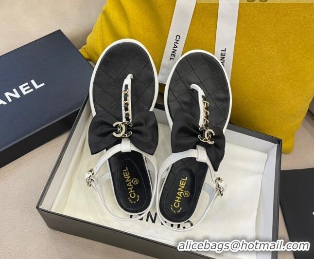 Good Quality Chanel Lambskin Flat Thong Sandals with Chain Bow 060917 Black/White 2021