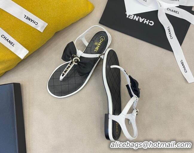 Good Quality Chanel Lambskin Flat Thong Sandals with Chain Bow 060917 Black/White 2021