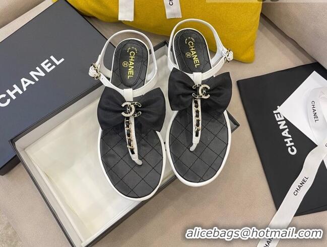 Good Quality Chanel Lambskin Flat Thong Sandals with Chain Bow 060917 Black/White 2021