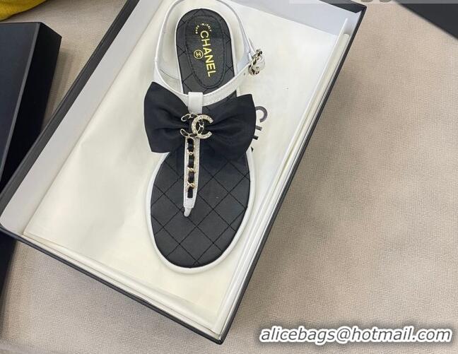 Good Quality Chanel Lambskin Flat Thong Sandals with Chain Bow 060917 Black/White 2021