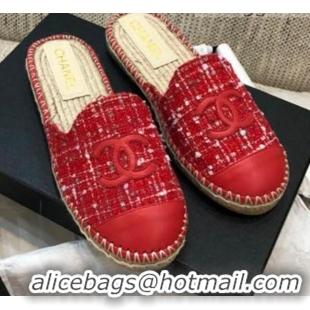 Low Price Chanel Tweed Espadrilles Mules G37482 Red 2021