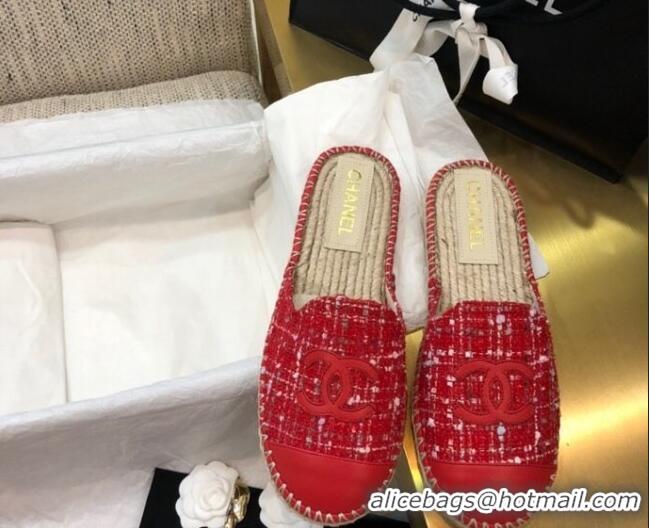 Low Price Chanel Tweed Espadrilles Mules G37482 Red 2021