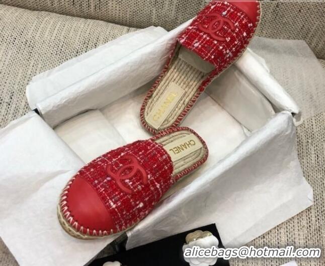 Low Price Chanel Tweed Espadrilles Mules G37482 Red 2021