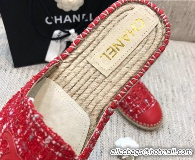 Low Price Chanel Tweed Espadrilles Mules G37482 Red 2021