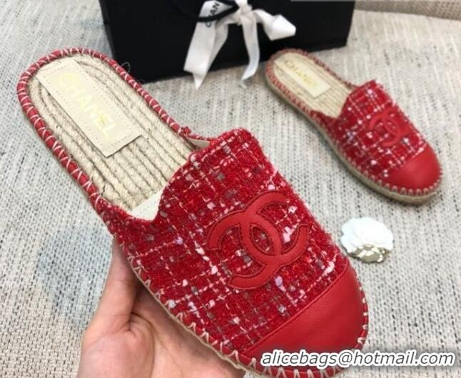 Low Price Chanel Tweed Espadrilles Mules G37482 Red 2021