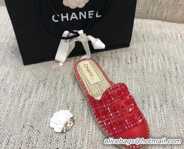 Low Price Chanel Tweed Espadrilles Mules G37482 Red 2021