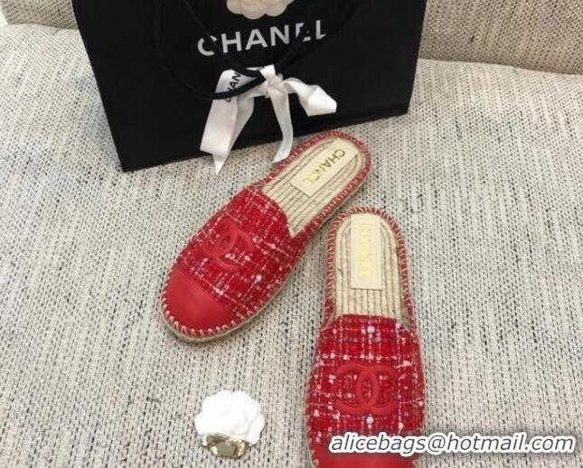 Low Price Chanel Tweed Espadrilles Mules G37482 Red 2021