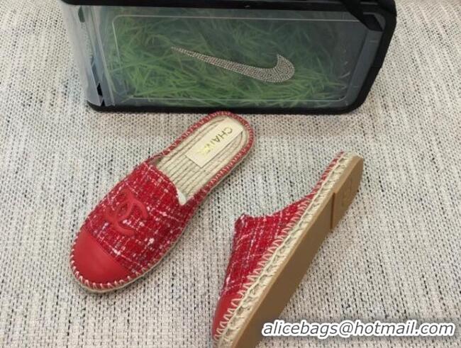 Low Price Chanel Tweed Espadrilles Mules G37482 Red 2021