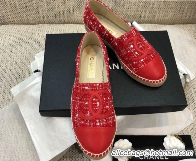 Grade Quality Chanel Tweed Flat Espadrilles G29762 Red 2021