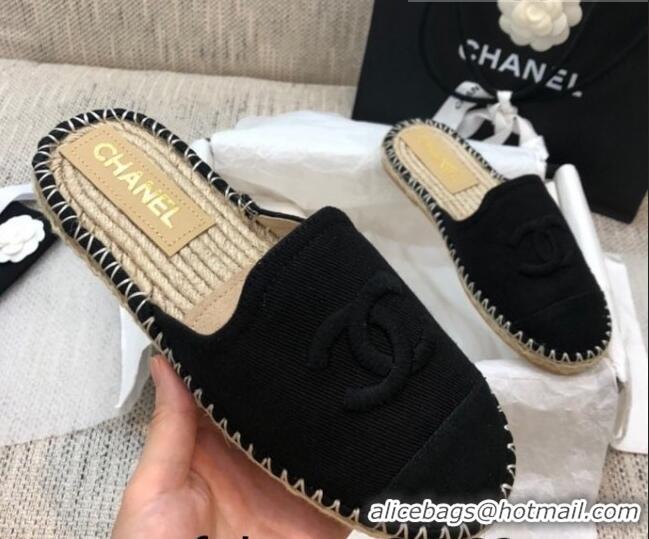 Good Quality Chanel Denim Espadrilles Mules G37482 Black 2021