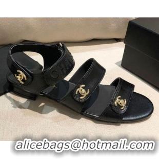 Luxury Chanel Lambskin Logo Strap Flat Sandals G37387 Black