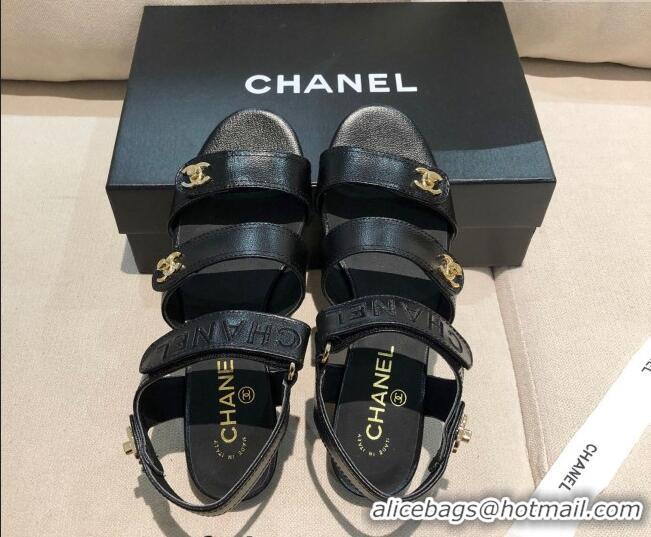 Luxury Chanel Lambskin Logo Strap Flat Sandals G37387 Black