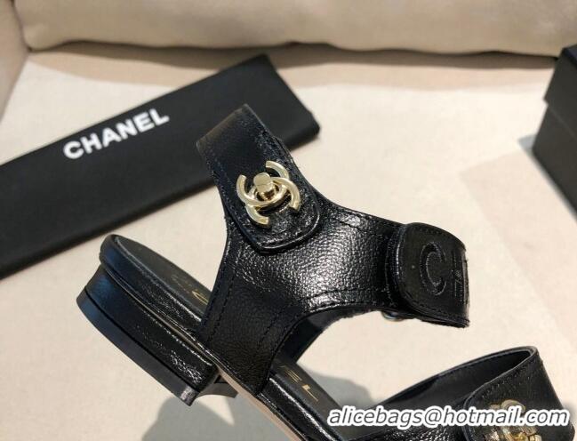 Luxury Chanel Lambskin Logo Strap Flat Sandals G37387 Black