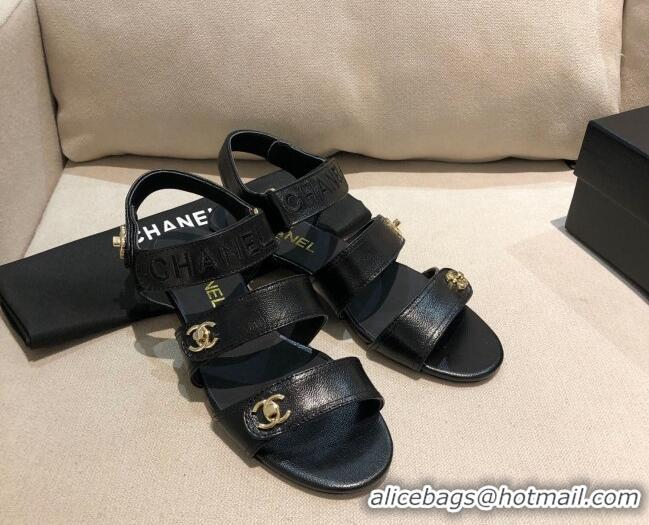 Luxury Chanel Lambskin Logo Strap Flat Sandals G37387 Black