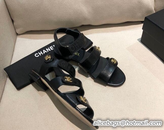 Luxury Chanel Lambskin Logo Strap Flat Sandals G37387 Black