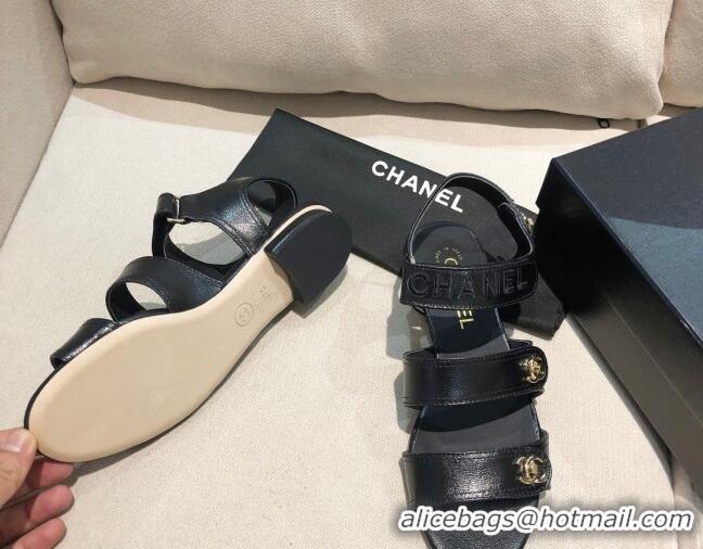 Luxury Chanel Lambskin Logo Strap Flat Sandals G37387 Black