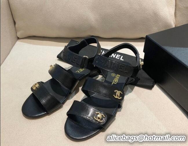 Luxury Chanel Lambskin Logo Strap Flat Sandals G37387 Black