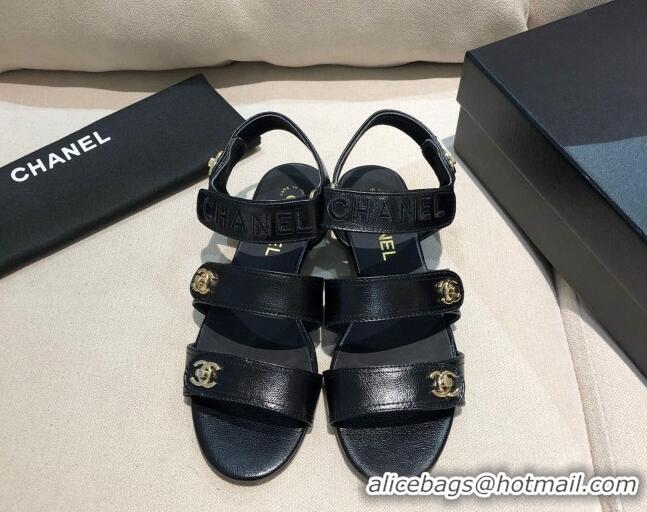 Luxury Chanel Lambskin Logo Strap Flat Sandals G37387 Black