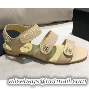 Top Quality Chanel Lambskin Logo Strap Flat Sandals G37387 Apricot 2021