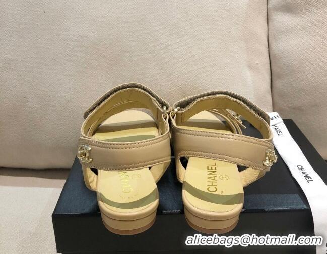 Top Quality Chanel Lambskin Logo Strap Flat Sandals G37387 Apricot 2021