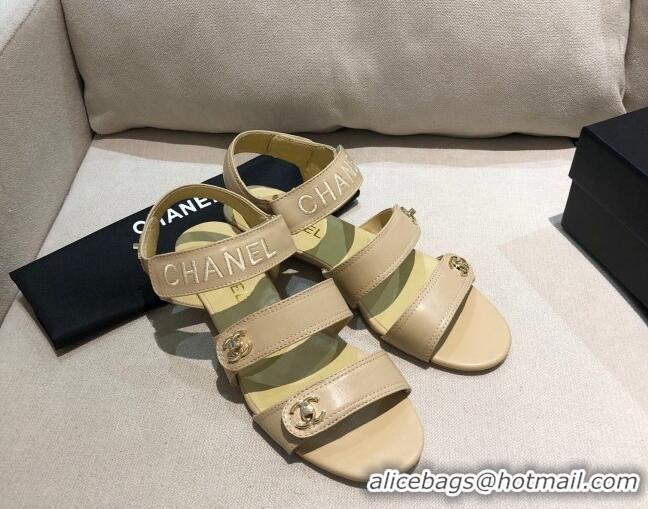 Top Quality Chanel Lambskin Logo Strap Flat Sandals G37387 Apricot 2021