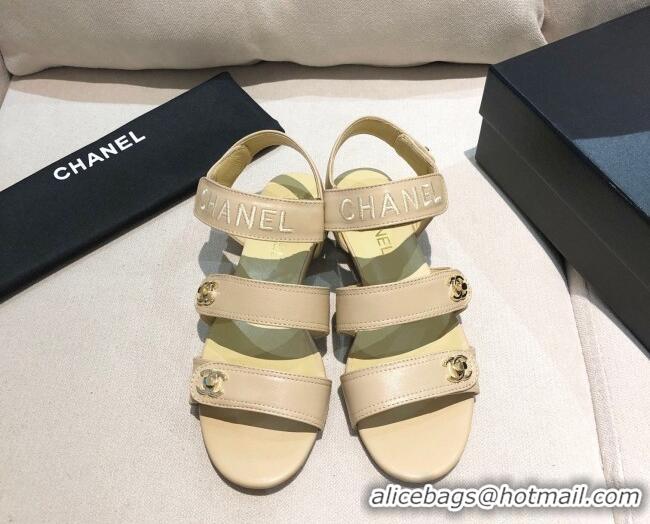 Top Quality Chanel Lambskin Logo Strap Flat Sandals G37387 Apricot 2021