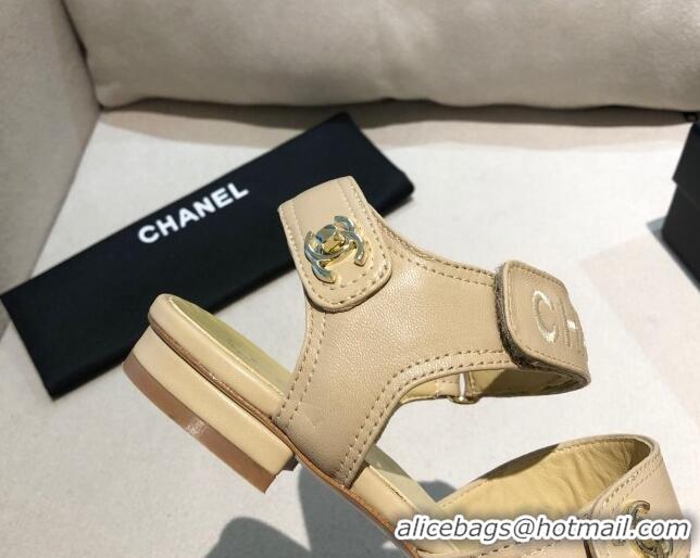 Top Quality Chanel Lambskin Logo Strap Flat Sandals G37387 Apricot 2021