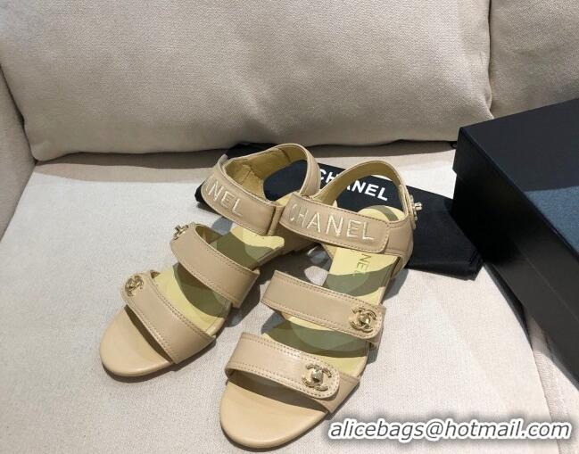 Top Quality Chanel Lambskin Logo Strap Flat Sandals G37387 Apricot 2021